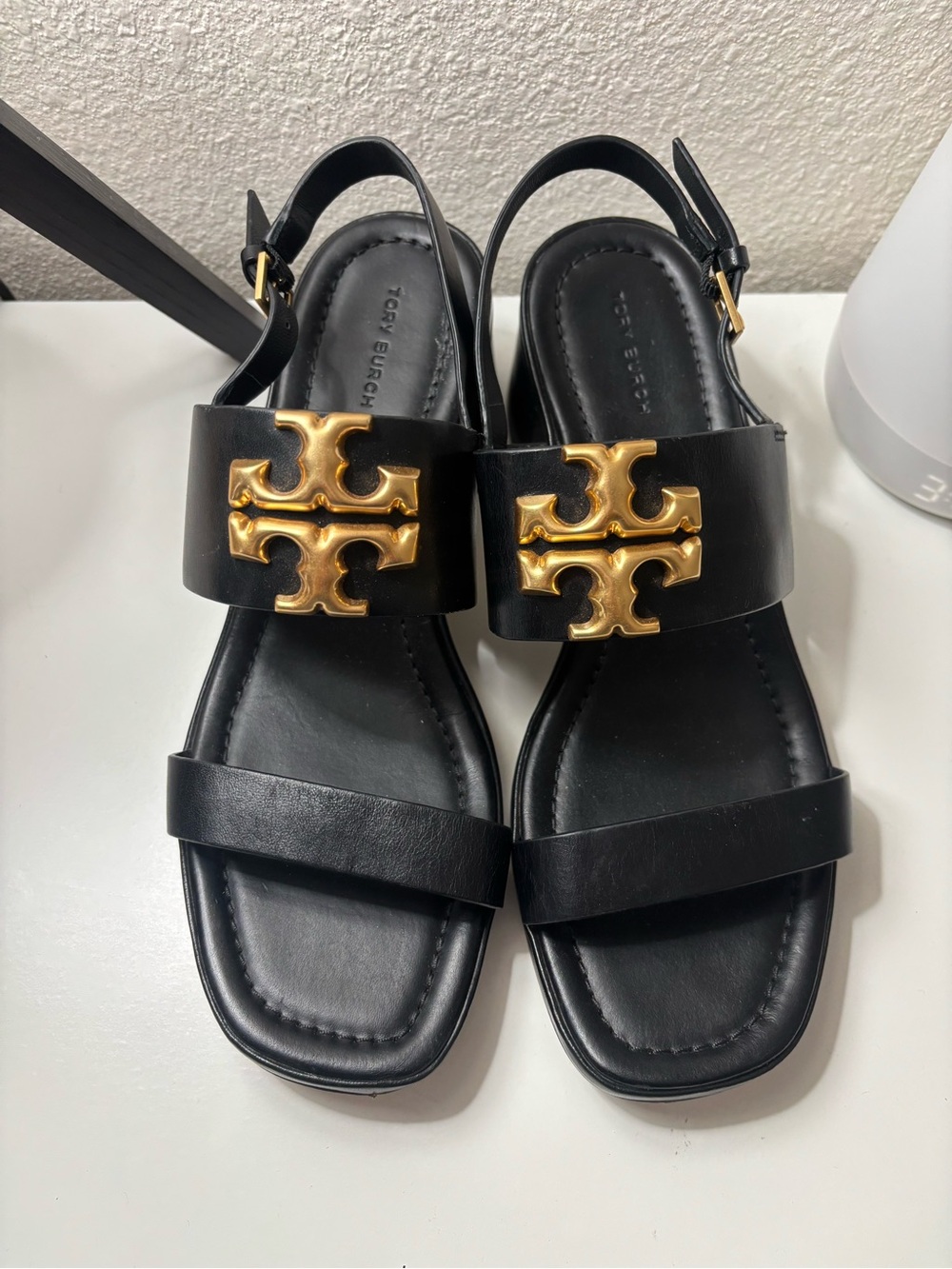 Tory Burch Black Leather Slingback Sandals with Gold Logo Medallions